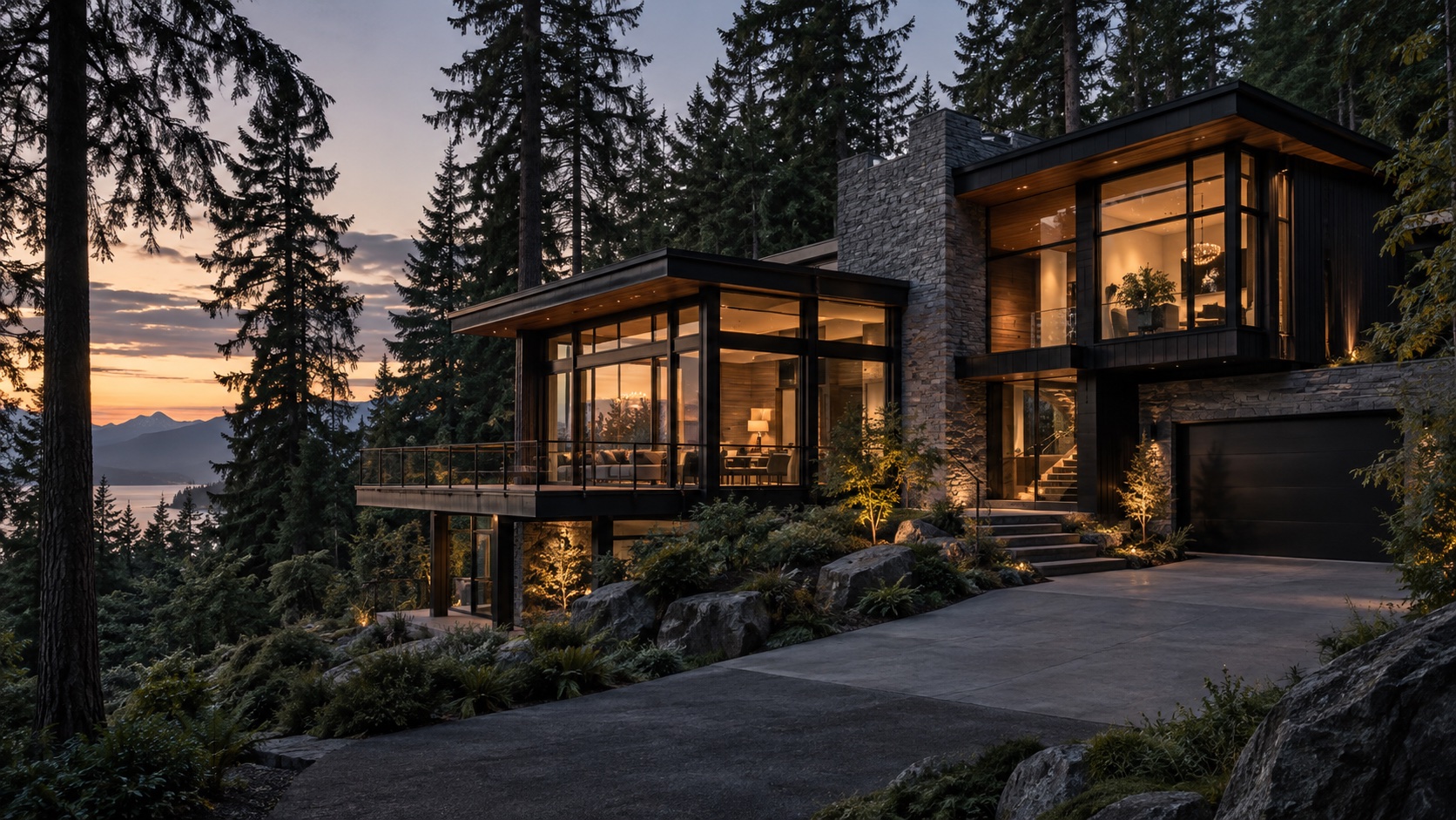 Concept rendering of a contemporary Pacific Northwest home with charcoal cladding and warm interiors